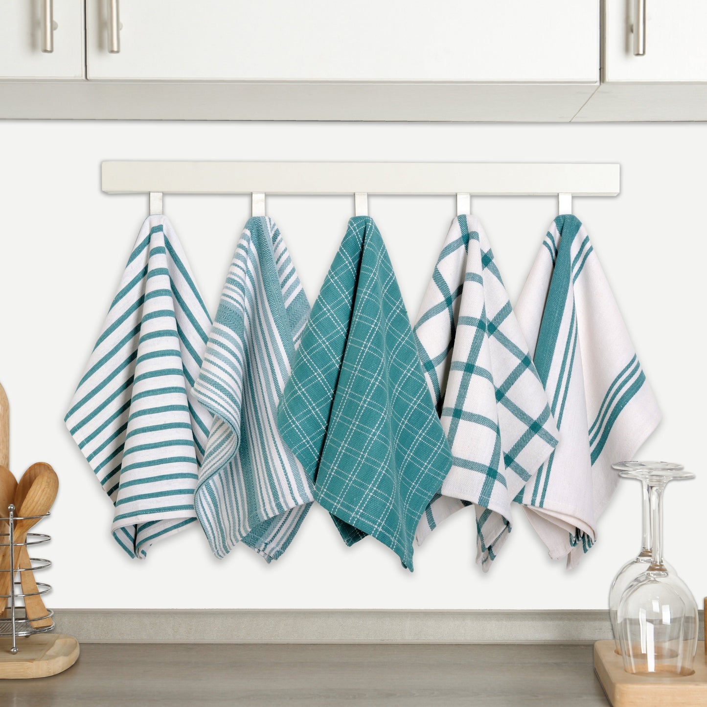 Cotton Kitchen Towels 10 Pack Flat Weave – 100% Cotton Absorbent Quick-Dry Dish Towels for Cooking Cleaning Drying, Lint-Free Reusable Cloth Towels Blue Sage Teal Black Olive Gray Yellow Red Beige