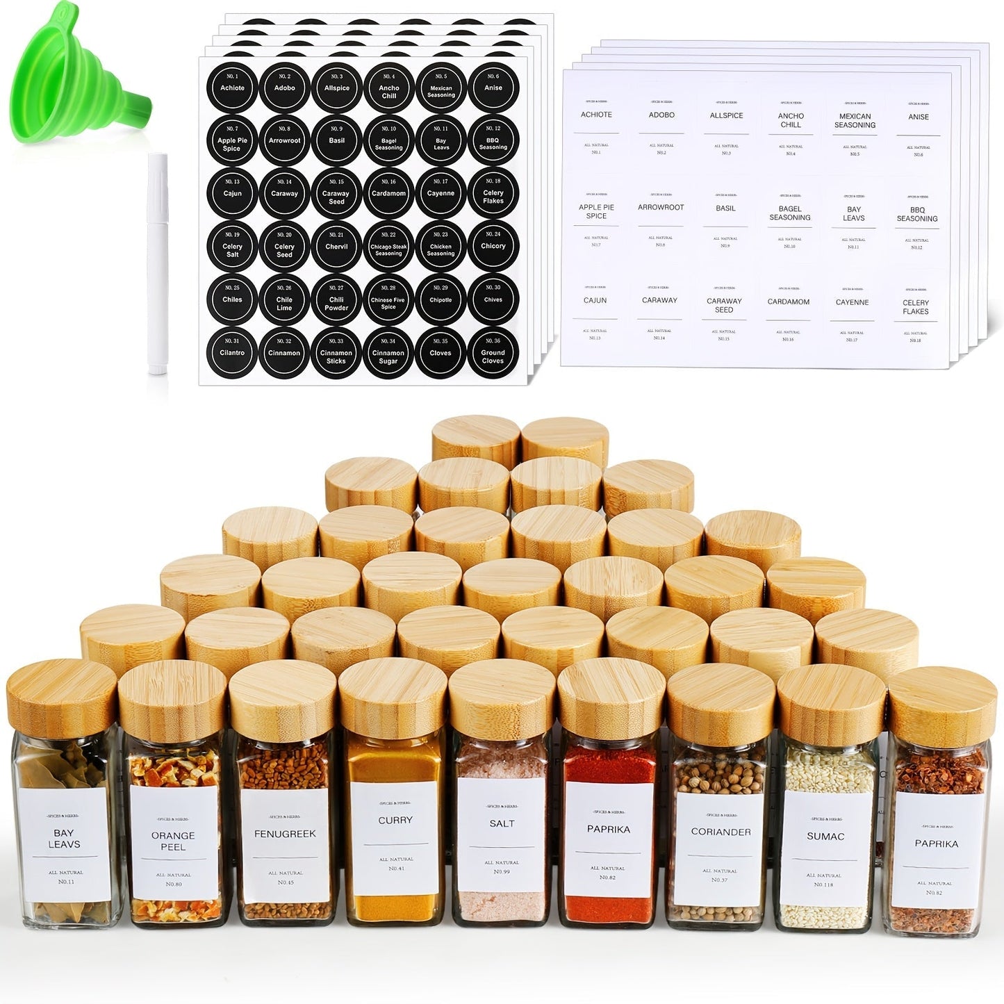 Glass Spice Jars with Bamboo Lids, Labels & Collapsible Funnels – 4oz Seasoning Storage Bottles for Spice Rack, Pantry, Cupboard & Drawer – 15, 24 or 36-Piece Set for Kitchen Organization