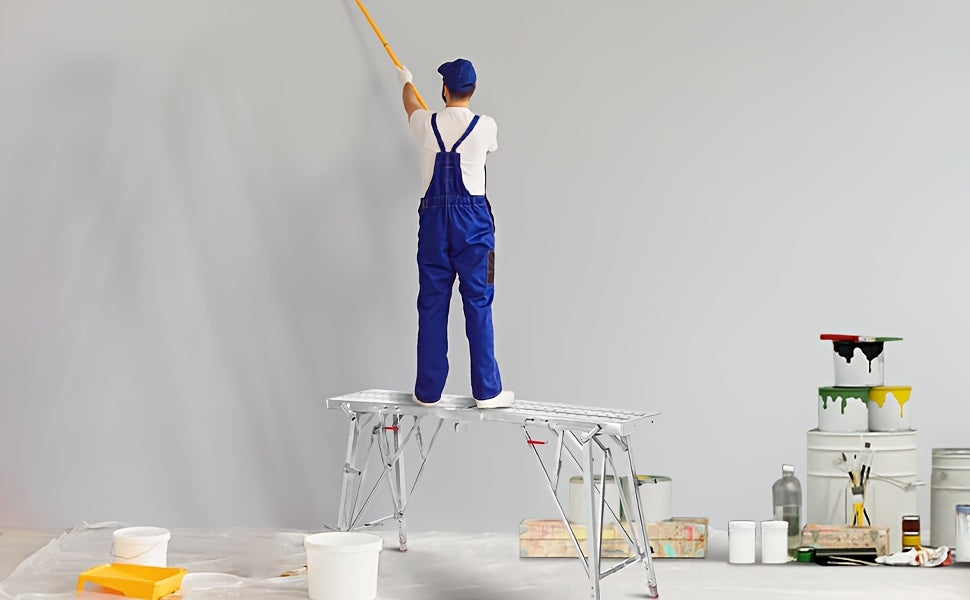 Scaffolding Work Platform 800Lb Heavy Duty Adjustable Height 31.5–49" – Folding Portable Step Ladder with Anti-Slip Feet & Safety Lock for Painting, Drywall, RV Cleaning, Car Washing & Home Decorating