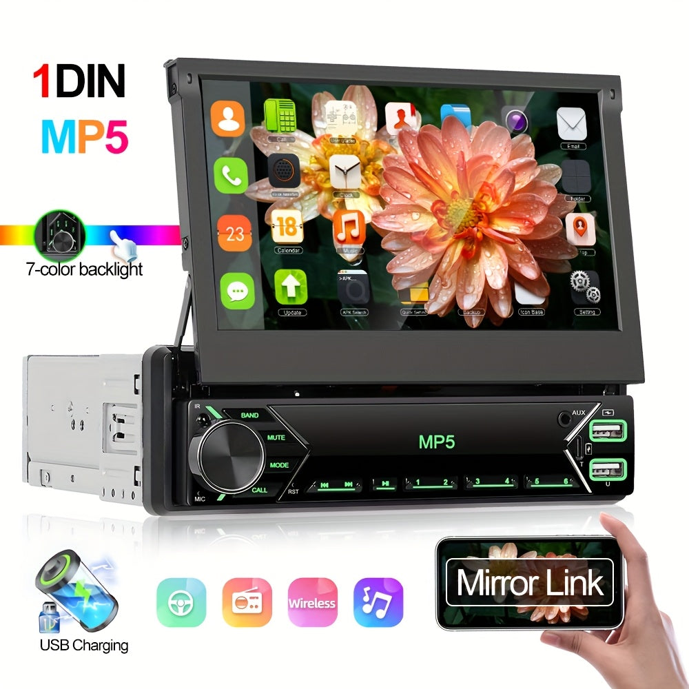 Single DIN Car Stereo 7 Inch HD Retractable Touchscreen – MP5 Player with Mirror Link, Bluetooth, FM Radio, USB, AUX, Colorful Backlight, 45W×4 Amplifier | Velora
