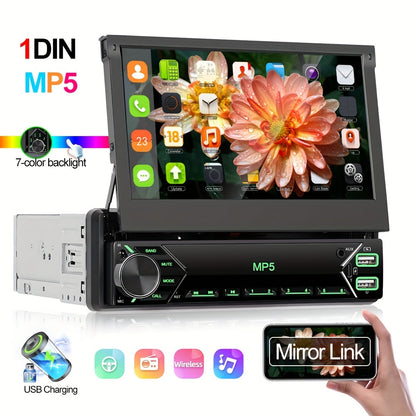 Single DIN Car Stereo 7 Inch HD Retractable Touchscreen – MP5 Player with Mirror Link, Bluetooth, FM Radio, USB, AUX, Colorful Backlight, 45W×4 Amplifier | Velora
