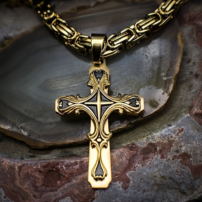 Men's Stainless Steel Cross Necklace Set 2pcs Cuban Chain with Cross Pendant Retro Hip Hop Fashion Jewelry for Men - Bold Statement Necklace Gift for Him Birthday Christmas