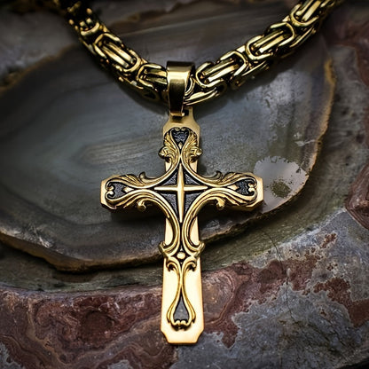 304 Stainless Steel Cuban Chain Necklace & Bracelet Set for Men – Religious Cross Pendant, Tarnish-Resistant Hip Hop Jewelry, Silver Tone, Daily Wear & Gift