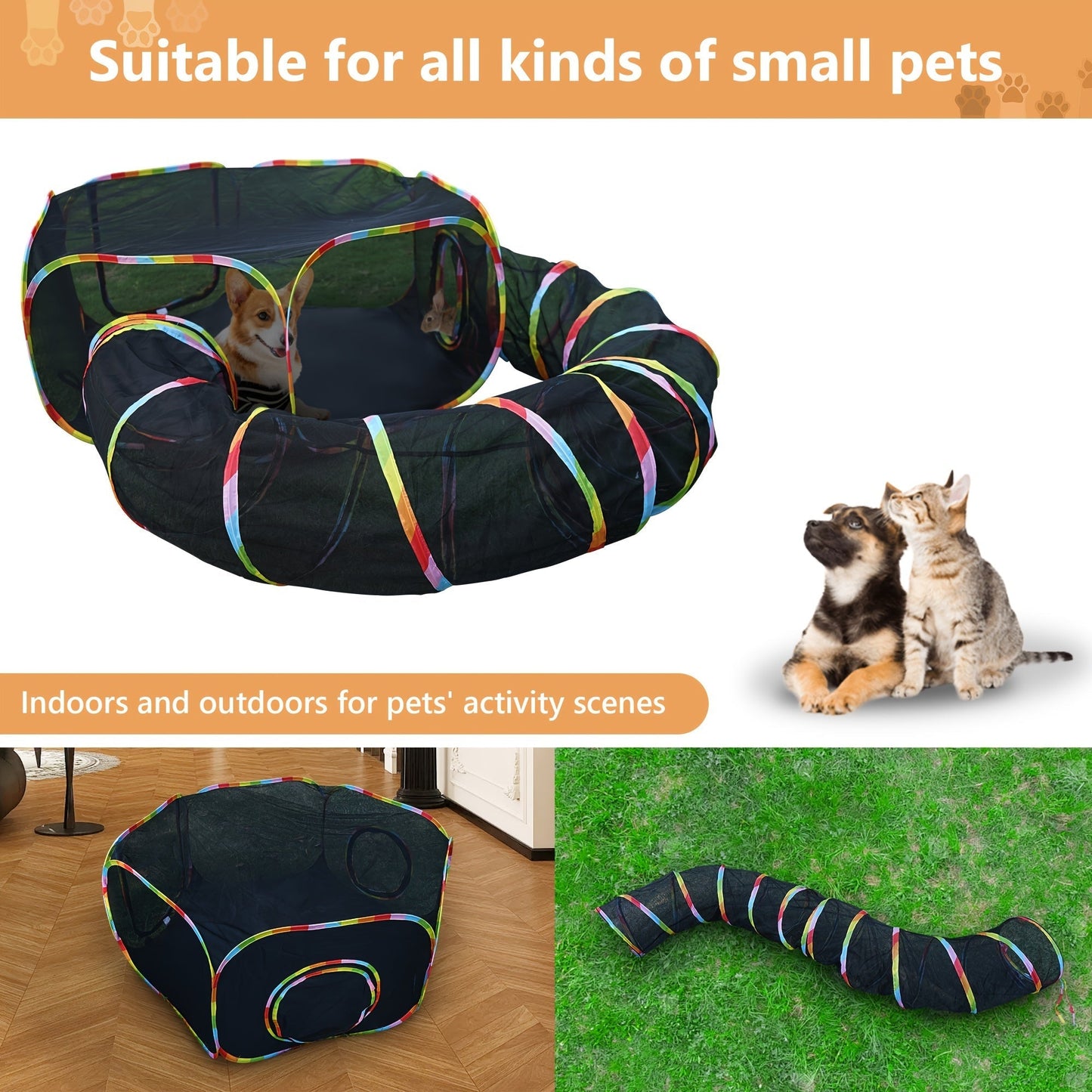 Rainbow Cat Playpen Outdoor Cat Enclosure with Circle Tunnel and Portable Pop-Up Tent, Foldable Cat Playground for Cats Kittens and Small Animals Indoor Outdoor Use