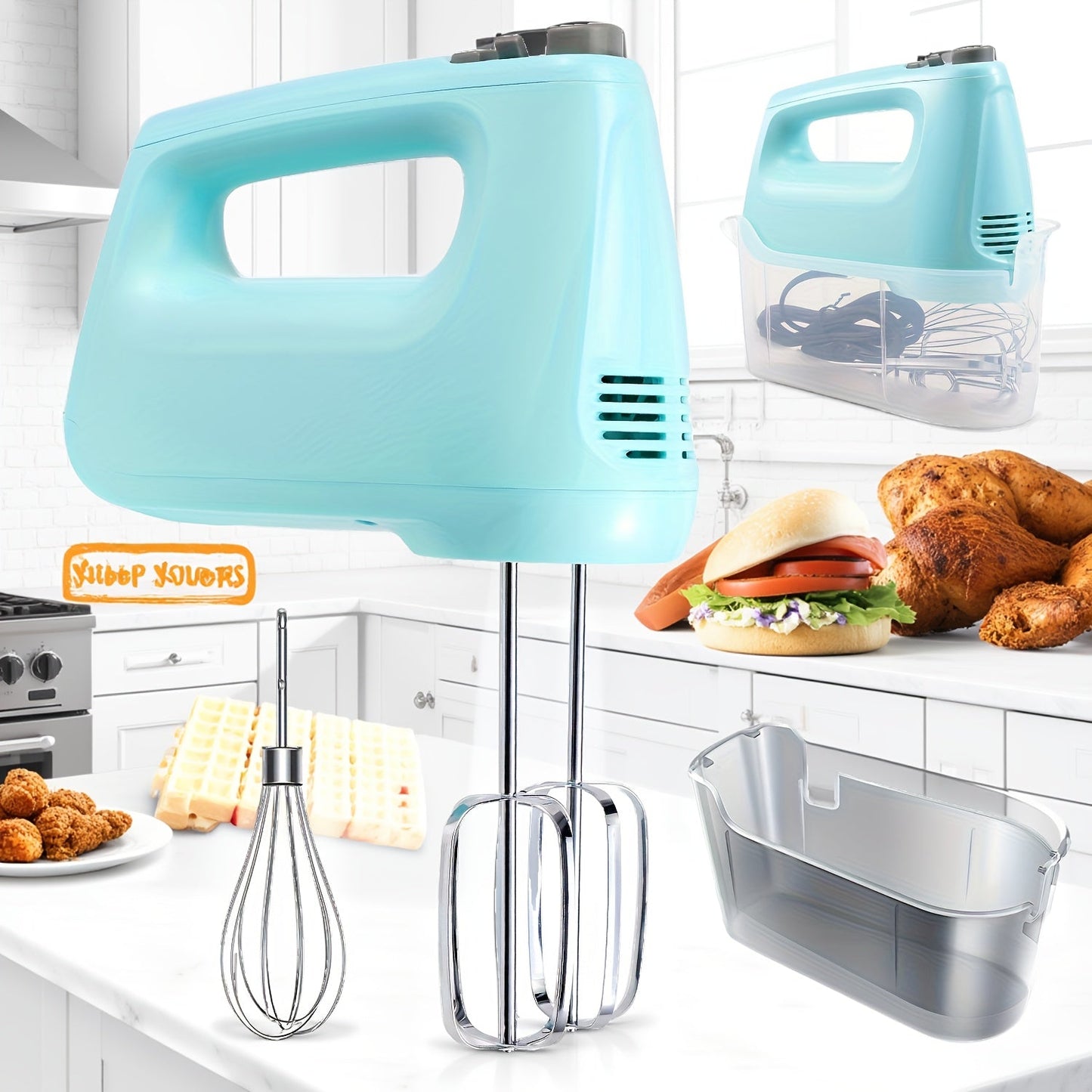 Electric Hand Mixer 5-Speed Plus Turbo with Storage Case & 5 Stainless Steel Attachments - 2 Beaters, 2 Dough Hooks, 1 Whisk, Handheld Kitchen Mixer for Baking, Silver