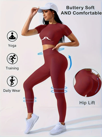 Women's 2-Piece Workout Set - Yoga Crop Top & High Waist Leggings, Crew Neck Medium Stretch Solid Color All-Season Activewear for Gym Fitness Pilates Running, Sizes XS-XL