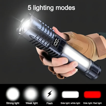 Rechargeable Tactical Flashlight 2 Pack USB COB LED – Ultra Bright 5 Modes Zoomable 200-500M Beam LCD Display for Camping Fishing Hunting Cycling Emergency
