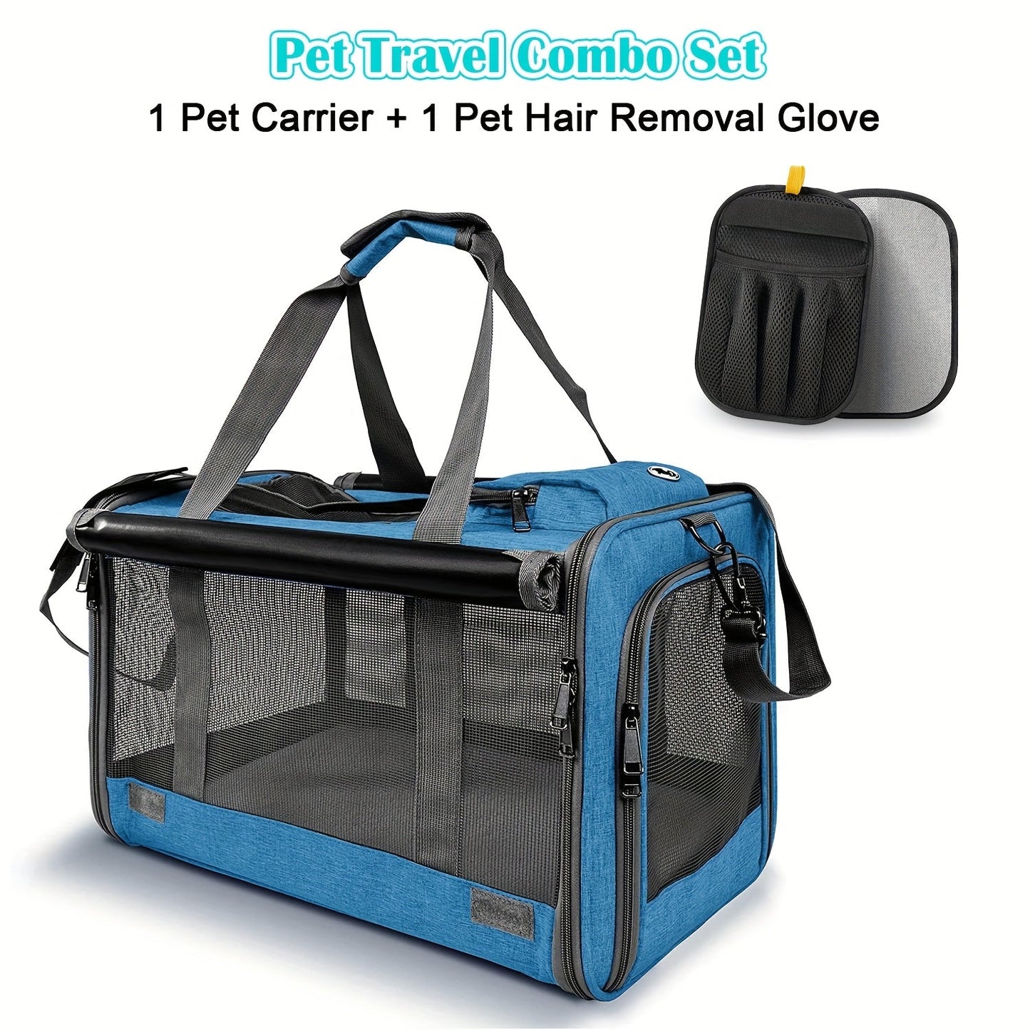 Airline Approved Pet Carrier Soft Sided – Breathable Collapsible Travel Bag for Cats & Small Dogs with Accessories Bundle Collar Bowls or Pet Glove 10 Colors Pink Blue Black Gray Navy Green Orange