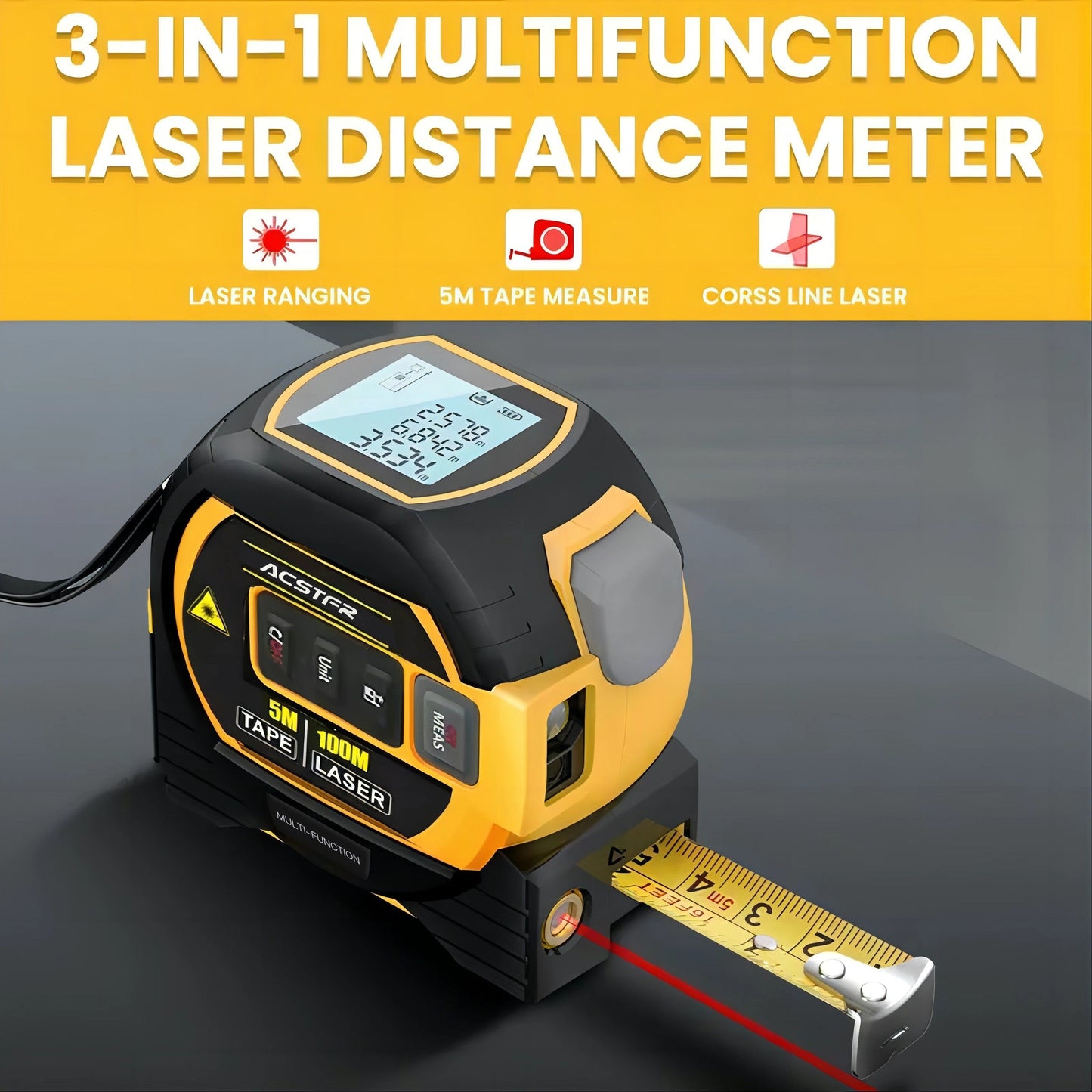 3-in-1 Laser Tape Measure with Digital Rangefinder & Steel Tape – High Precision Cross Laser Measuring Tool, Color Screen, Voice Broadcast, 2 AAA Batteries Included, for Construction, DIY & Home Use