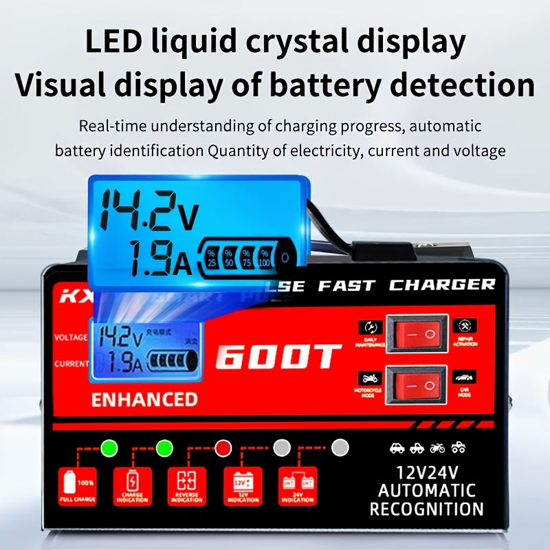 Smart Universal Battery Charger for 12V & 24V – LCD Screen, Pulse Repair & Temperature Regulation, Trickle Charger Maintainer for Car, Truck, Motorcycle, Boat, Lawn Mower & Harvester Batteries