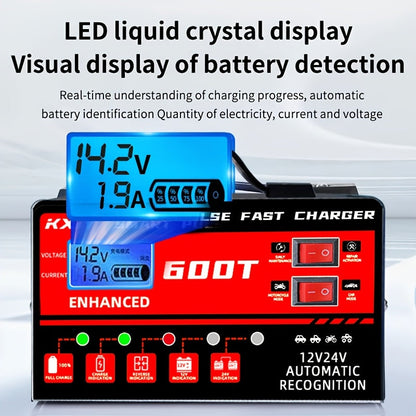 Smart Universal Battery Charger for 12V & 24V – LCD Screen, Pulse Repair & Temperature Regulation, Trickle Charger Maintainer for Car, Truck, Motorcycle, Boat, Lawn Mower & Harvester Batteries