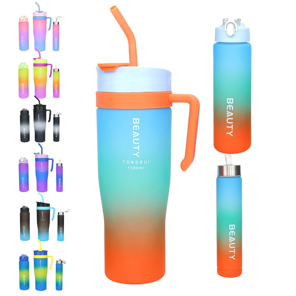 BPA-Free Gradient Water Bottles 5-Piece Set with Straw & Spill-Proof Lid - 46oz 27oz 9oz Leak-Proof Sports Bottles for Gym Travel Outdoor