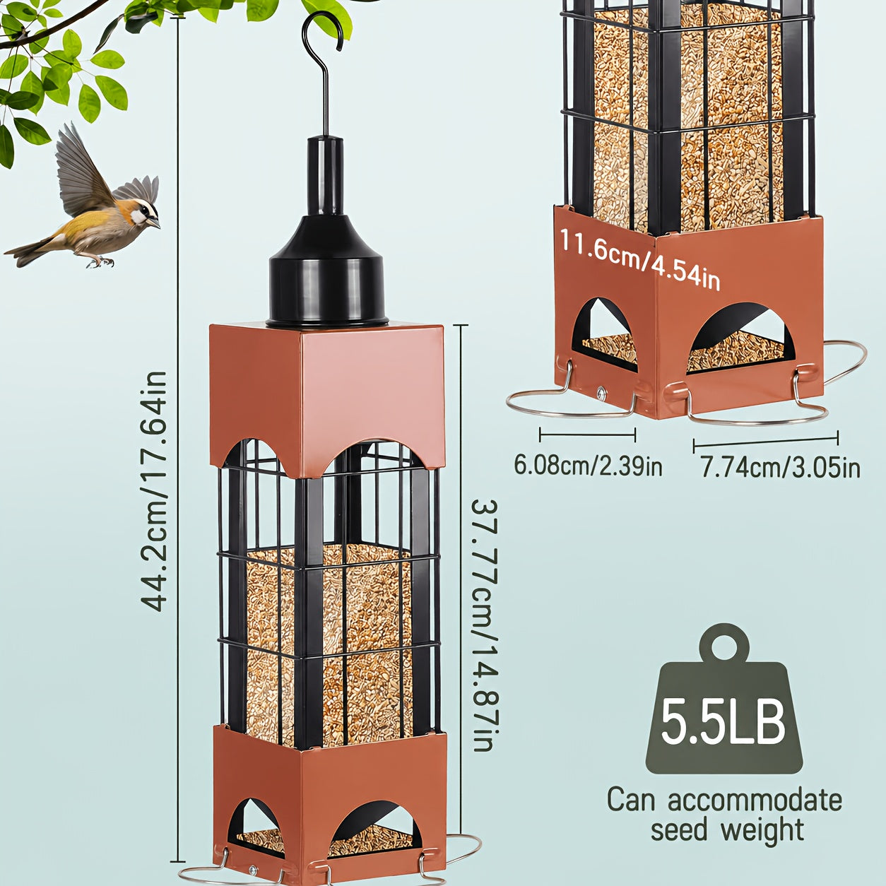 Squirrel Proof Bird Feeder 5LBS Large Capacity Outdoor Hanging Metal Construction Bilateral Weight-Activated Easy to Fill & Clean Weather Resistant for Garden Backyard