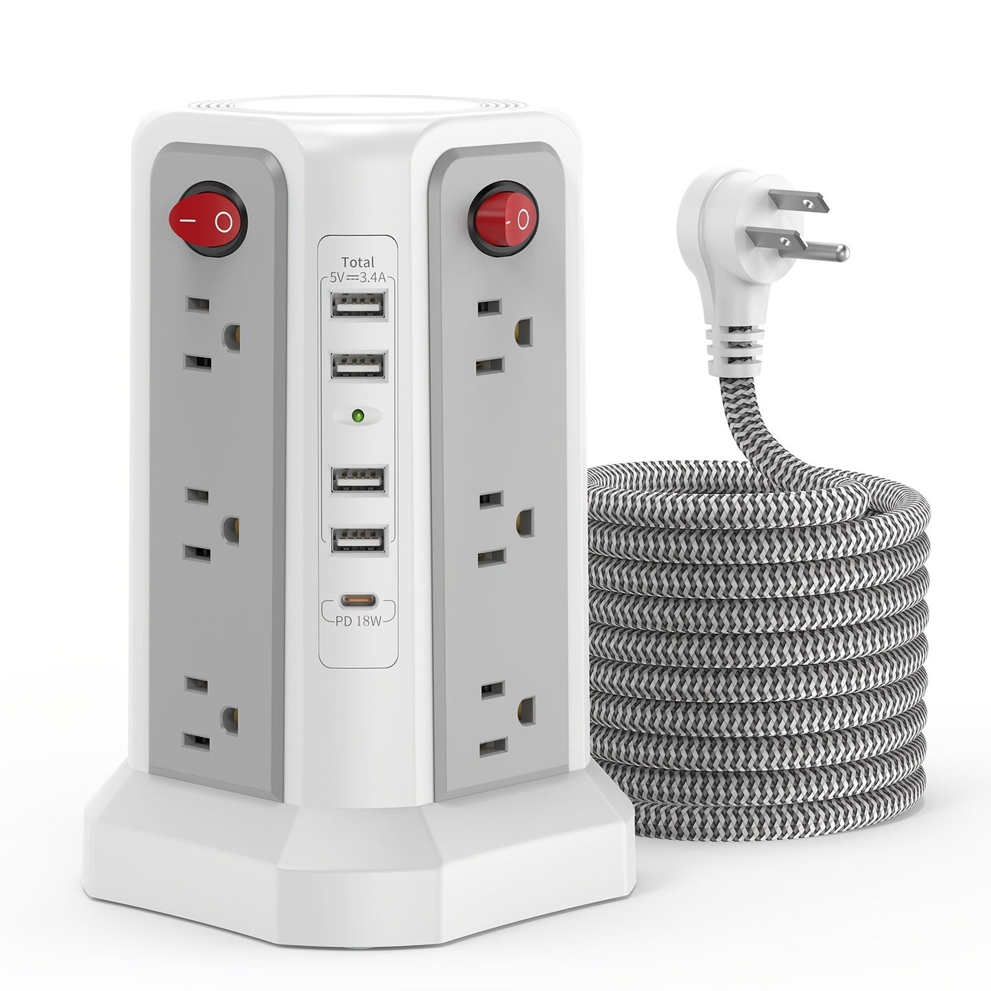 Power Strip Tower 16 AC Outlets 5 USB Ports USB-C PD20W 1500J Surge Protector Flat Plug Desktop Extension Cord