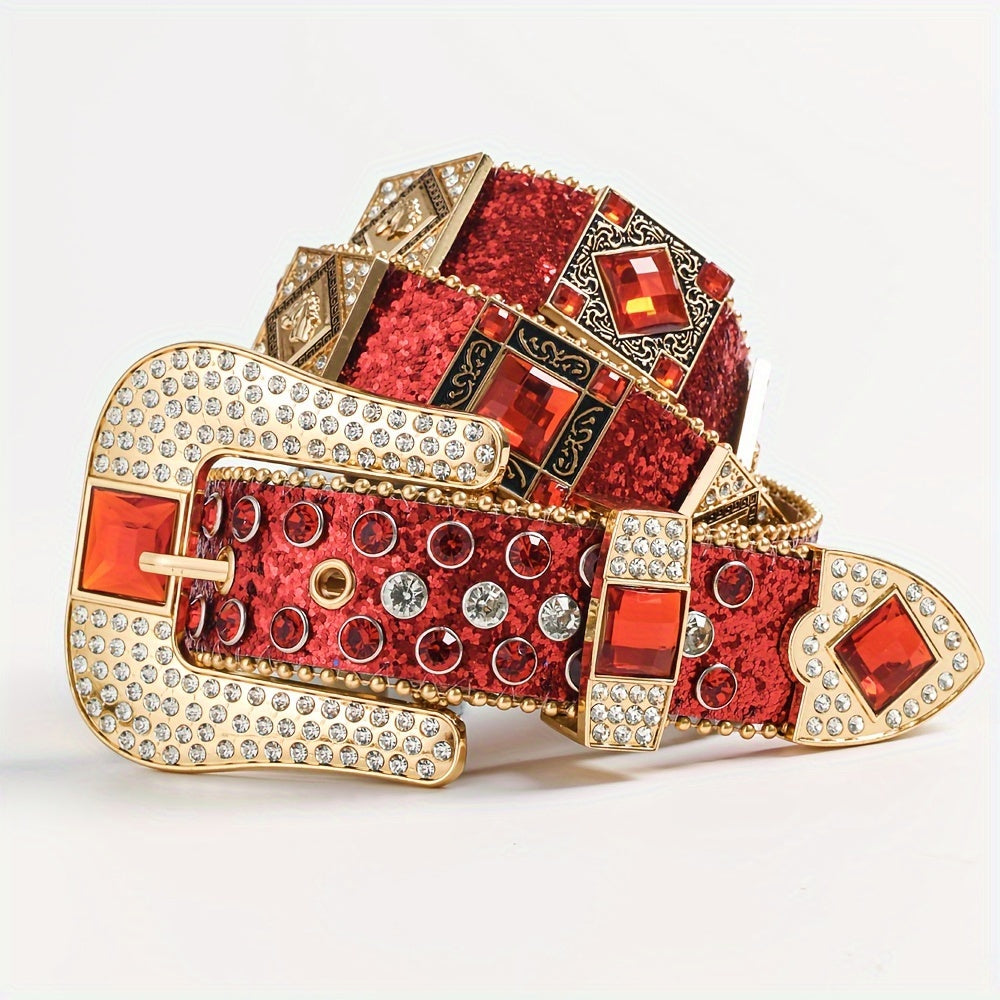 Rhinestone Punk Belt for Women - European American Style Rock & Roll Fashion Belt with Inlaid Rhinestones & Sequins, Zinc Alloy Golden Buckle, Glamorous Party Festival & Everyday Outfit Accessory