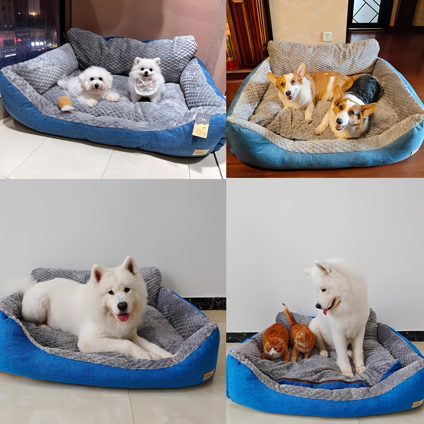 Luxury Plush Pet Sofa Bed with High Backrest – Thick Warm Washable Dog Bed for Large Medium Small Dogs & Cats, All-Season Comfort, Easy-Clean Cover, Sizes S L XL, Grey Blue