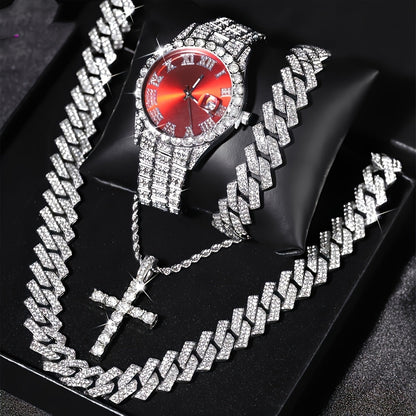 Luxury Cuban Link Jewelry Set for Men & Women – Necklace, Bracelet, Pendant & Wristwatch Full Set, Multiple Colors, Perfect Valentine’s Day, Christmas & Birthday Gift