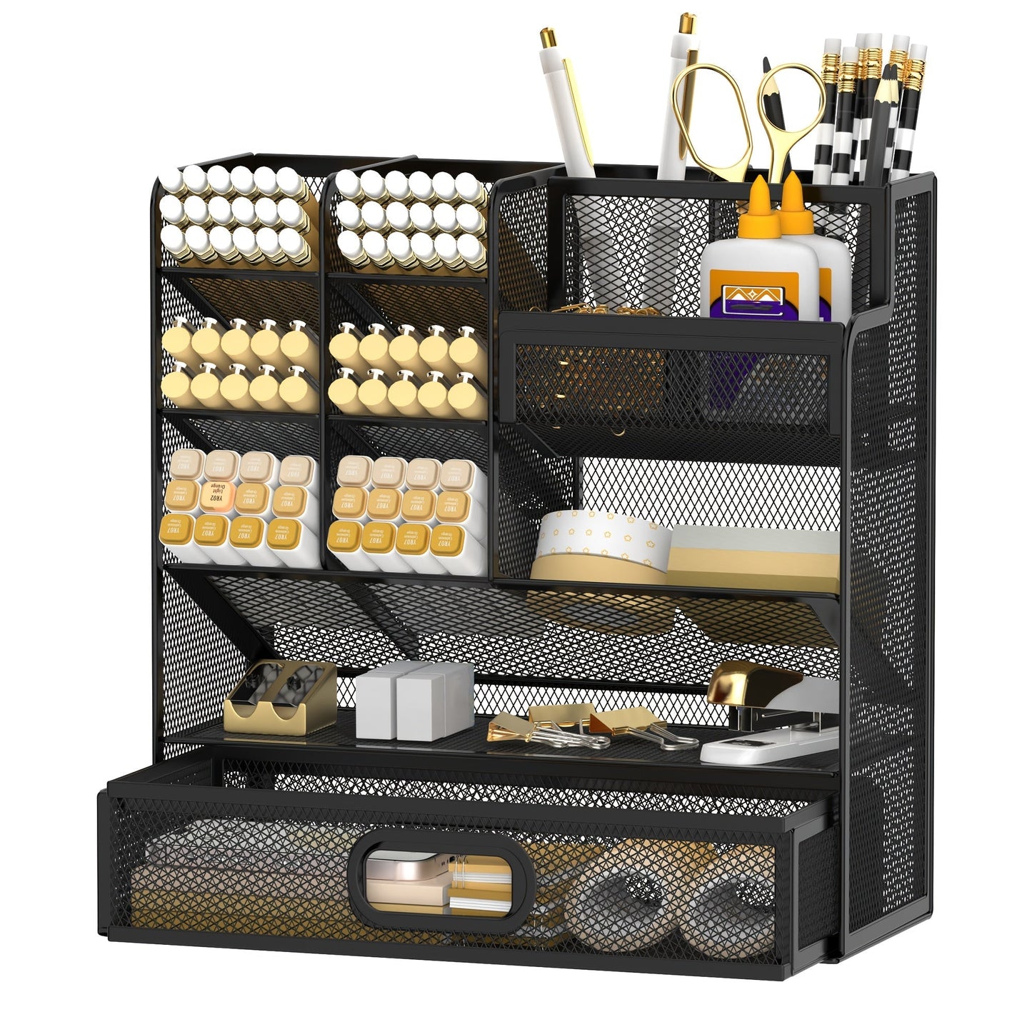 Mesh Desk Organizer with Drawer & Pen Holder – Pencil Cup Storage for Office, School & Art Studio, Breathable Mesh Design, Available in Black, Yellow & Blue