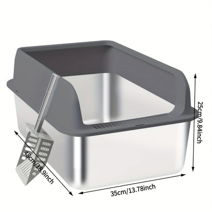 Stainless Steel Cat Litter Box High Sides Anti-Leakage Metal Litter Pan with Scoop Sifting Tray Rust-Proof Odor-Resistant Non-Stick Easy Clean Indoor Cat Toilet Medium Large Cats