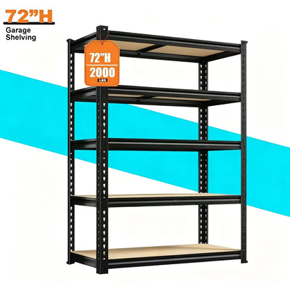 Heavy Duty 5-Tier Metal Shelving Unit 2000LBS Garage Storage Rack | 72"H & 60"H Adjustable Steel Shelf for Garage, Basement, Pantry, Closet, Utility Room – Black