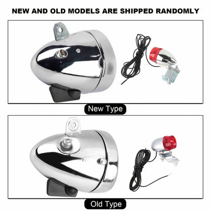 Bicycle Dynamo Headlight & Tail Light Kit 12V 6W Friction Generator – No Battery Needed, Fits Mountain Bike, Road Bike, BMX, Folding Bike, Kids Bike & More, Silver