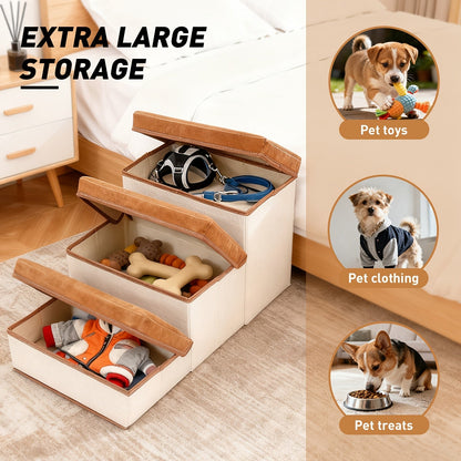 3-Tier Foldable Dog Stairs for Small Dogs – Non-Slip Nylon Pet Ramp for High Beds & Sofas, Compact Foldable Design, Brown & White, Includes Bonus Chicken Leg Plush Toy