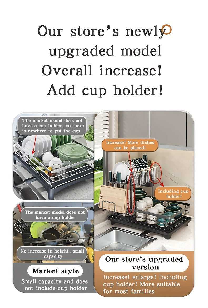 2-Tier Metal Dish Drying Rack with Cutlery Holder, Cup Holder & Rust-Proof Drip Tray – Space-Saving Countertop Dish Drainer for Kitchen Organization, Durable Steel Dish Rack for All Countertop Types