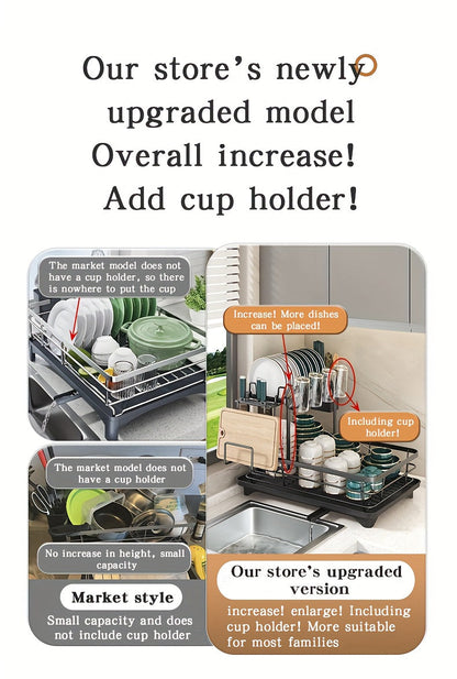 2-Tier Metal Dish Drying Rack with Cutlery Holder, Cup Holder & Rust-Proof Drip Tray – Space-Saving Countertop Dish Drainer for Kitchen Organization, Durable Steel Dish Rack for All Countertop Types