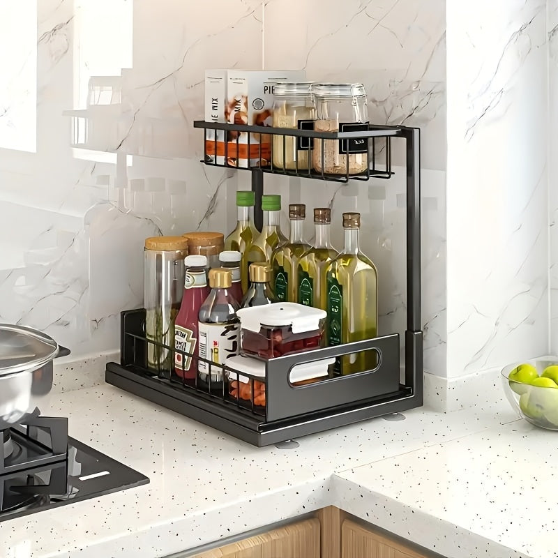 Metal Under Sink Organizer Pull Out Storage Shelf with Sliding Drawer - Under Sink Cabinet Organizer for Kitchen & Bathroom, Adjustable 2-Tier Rack, 1-Pack or 2-Pack