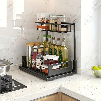 Metal Under Sink Organizer Pull Out Storage Shelf with Sliding Drawer - Under Sink Cabinet Organizer for Kitchen & Bathroom, Adjustable 2-Tier Rack, 1-Pack or 2-Pack