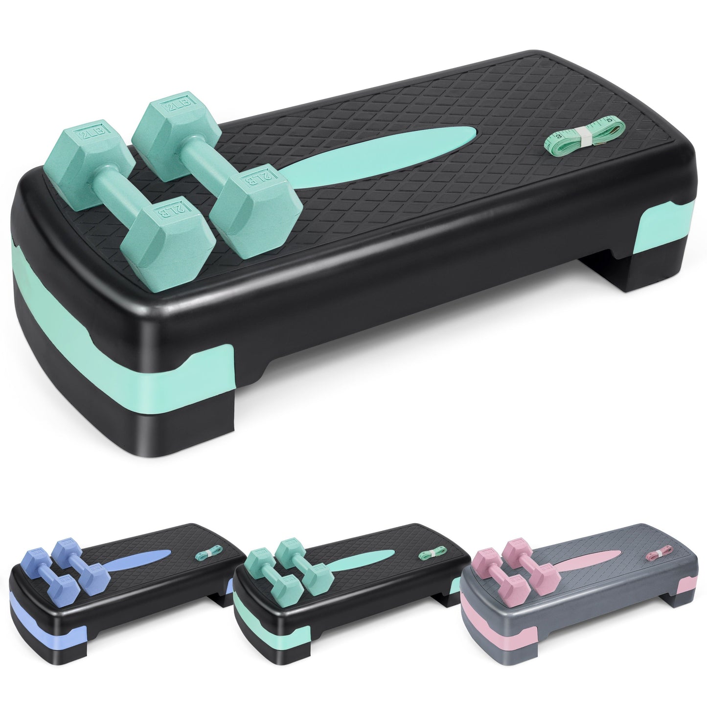 Aerobic Step Platform Set with 2LB Dumbbells & Measuring Tape – Adjustable Height Non-Slip Exercise Stepper 550lb Capacity for Home Gym Cardio Workout, Pink Green Blue