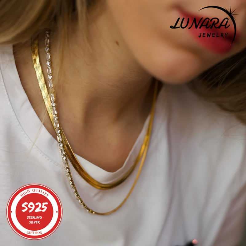 24K Gold Plated Herringbone Snake Chain Necklace 925 Sterling Silver 3.5mm Flat Chain for Women Men Gift Box Included 18-24 Inch