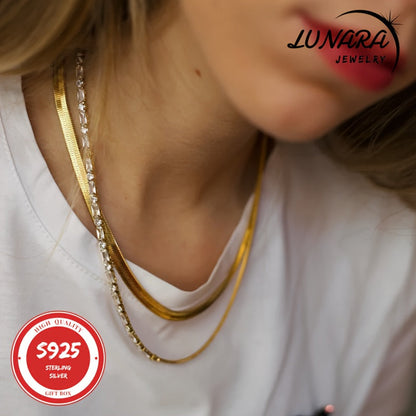 24K Gold Plated Herringbone Snake Chain Necklace 925 Sterling Silver 3.5mm Flat Chain for Women Men Gift Box Included 18-24 Inch