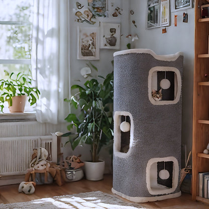 Foldable Multi-Level Cat Tree Tower for Indoor Cats - Scratch-Resistant Cat House with Cozy Top Bed Hideaway and Bell Balls, 1 to 3 Layers Cat Furniture for Climbing Playing and Resting