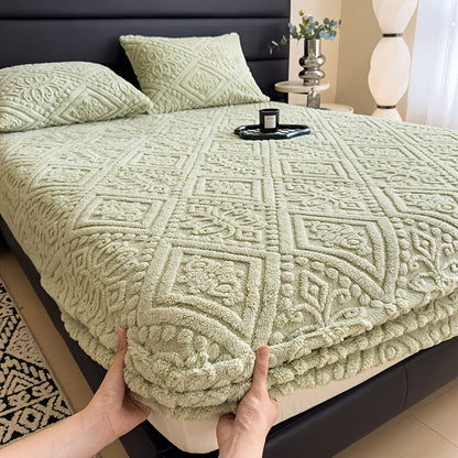 European Embossed Soft Bed Sheet Deep Pocket All Season | Super Soft Machine Washable Mattress Cover | Twin Full Queen King Bedding | Warm Breathable Fitted Sheet | White Gray Khaki Blue Green