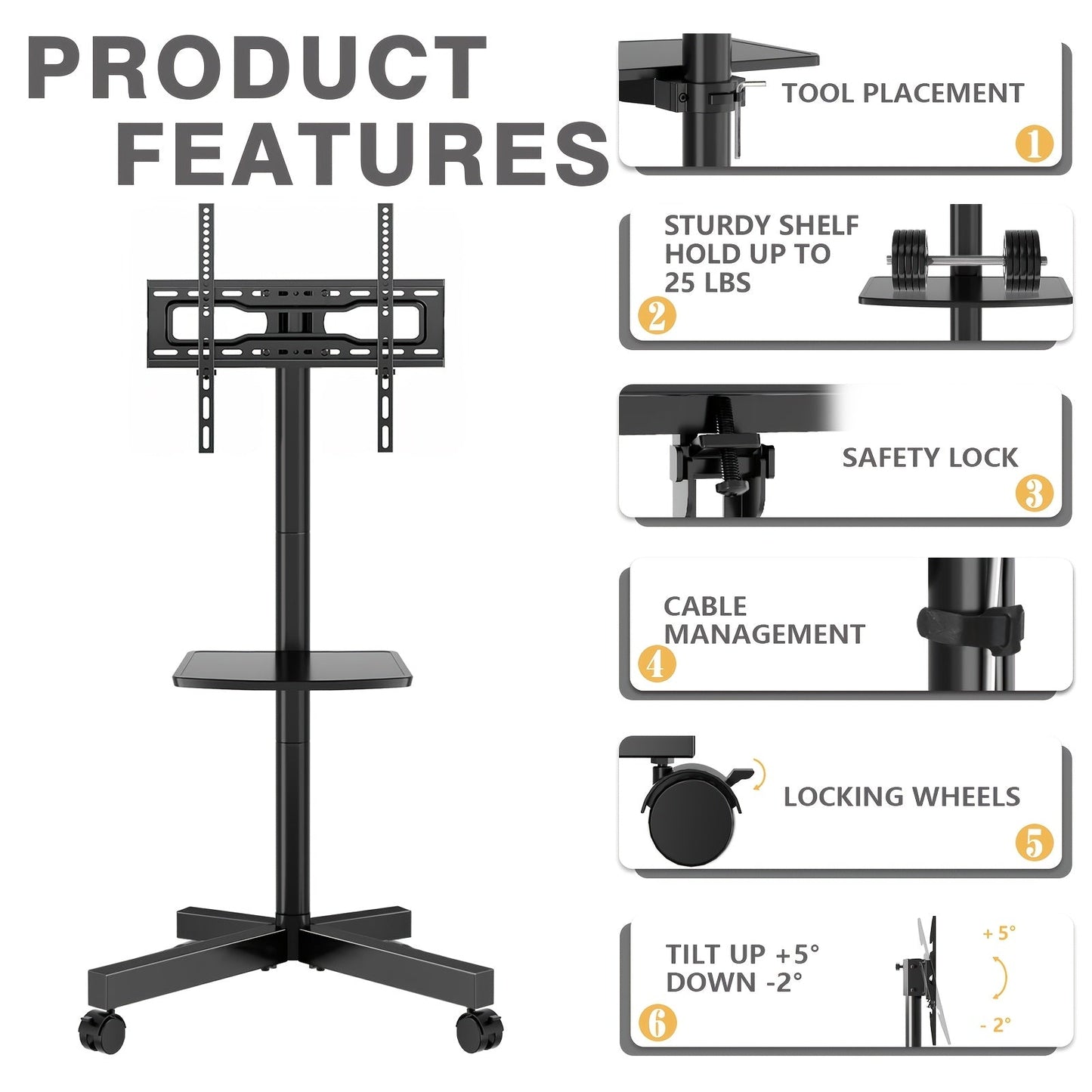 Rolling TV Stand Cart on Wheels for 23–60 Inch TVs – Height Adjustable, 88lb Capacity, VESA 400x400, Media Shelf, 360° Locking Wheels, No Wall Drilling, Mobile TV Mount