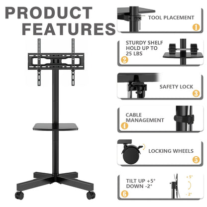 Rolling TV Stand Cart on Wheels for 23–60 Inch TVs – Height Adjustable, 88lb Capacity, VESA 400x400, Media Shelf, 360° Locking Wheels, No Wall Drilling, Mobile TV Mount