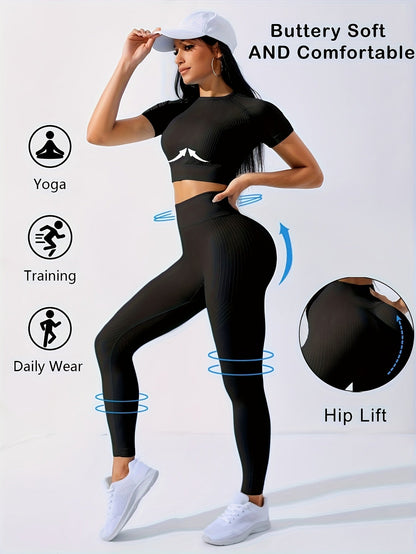 Women's 2-Piece Workout Set - Yoga Crop Top & High Waist Leggings, Crew Neck Medium Stretch Solid Color All-Season Activewear for Gym Fitness Pilates Running, Sizes XS-XL