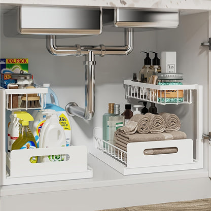 Metal Under Sink Organizer Pull Out Storage Shelf with Sliding Drawer - Under Sink Cabinet Organizer for Kitchen & Bathroom, Adjustable 2-Tier Rack, 1-Pack or 2-Pack