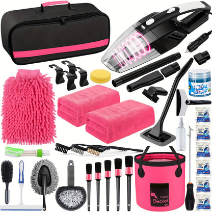 Car Wash Detailing Kit 19 or 41 Piece Handheld Vacuum Collapsible Bucket Tire Brush Windshield Tool Snow Shovel Cleaning Gel Complete Car Care Set Yellow Pink