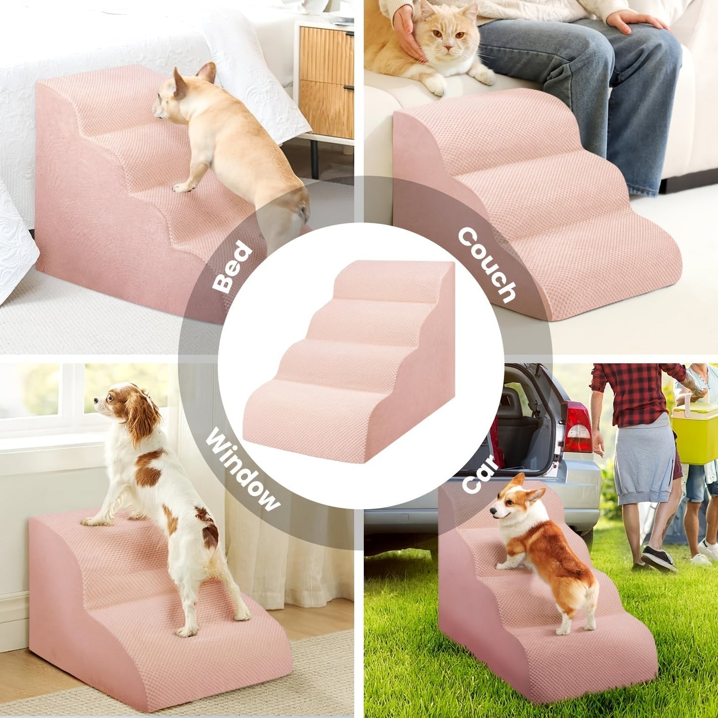 Memory Foam Dog Steps Pet Stairs 2 3 4 Step with Non-Slip Bottom & Washable Cover – Supportive Pet Steps for Sofa Bed, Great for Senior Dogs & Puppies, Multiple Colors