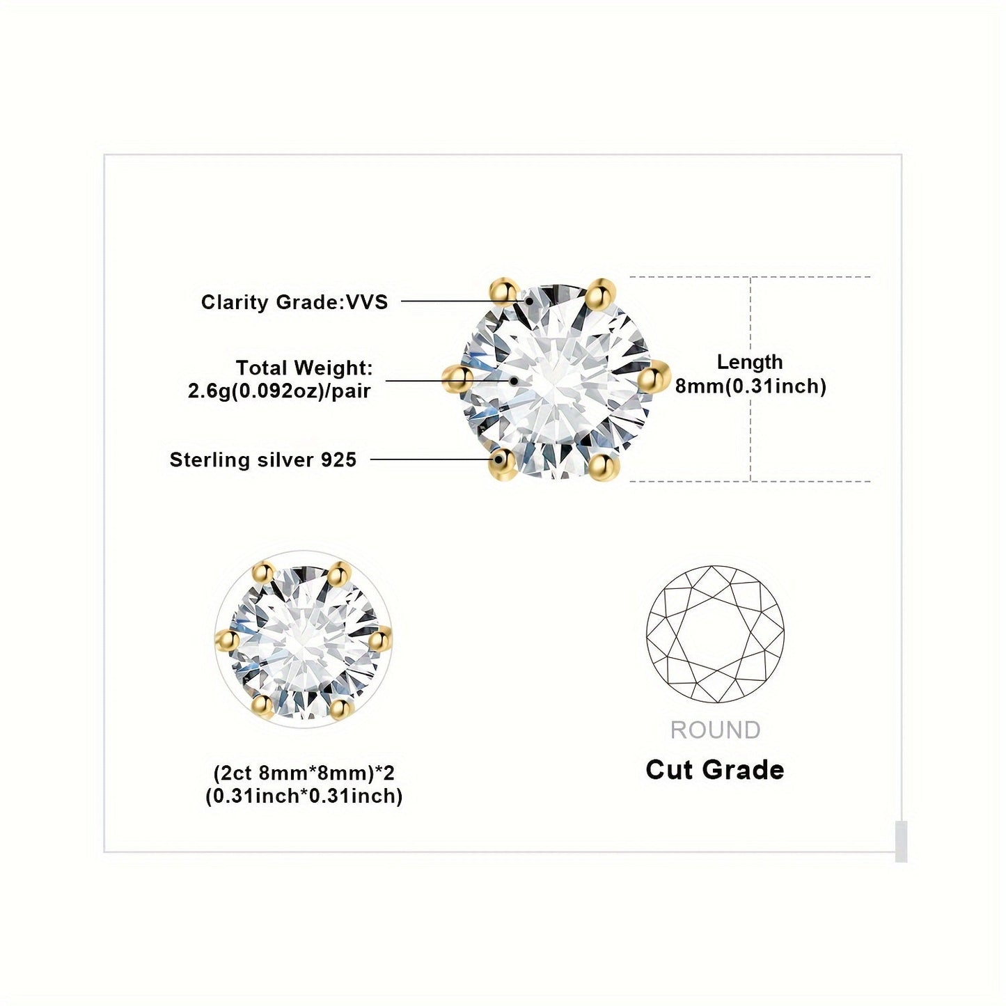 Moissanite Stud Earrings 925 Sterling Silver Round Cut Brilliant Sparkle 0.6ct to 6ct Platinum Plated Wedding Engagement Fine Jewelry for Women Girls Daily Prom Party