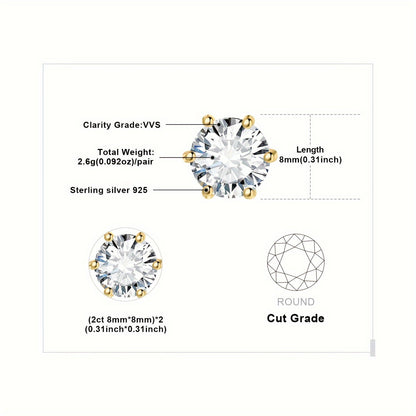 Moissanite Stud Earrings 925 Sterling Silver Round Cut Brilliant Sparkle 0.6ct to 6ct Platinum Plated Wedding Engagement Fine Jewelry for Women Girls Daily Prom Party
