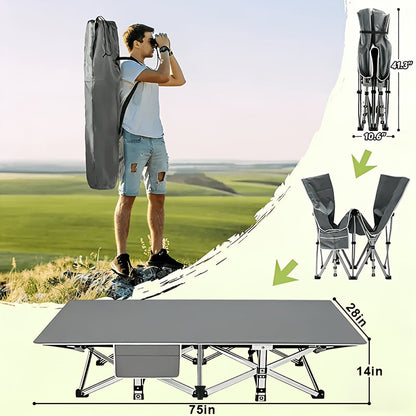 Heavy Duty Folding Camping Cot up to 700LBS – Extra Large 59"/75" Thickened Folding Bed with Mattress, Ergonomic Sturdy Frame, Portable Guest Bed & Patio Sofa for Camping, Hiking & Home Use – Black & Gray