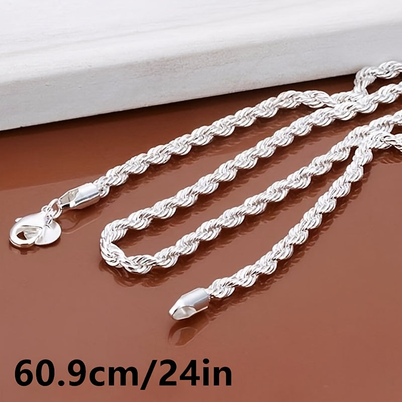 925 Silver Plated Twisted Rope Chain Necklace Unisex Stainless Steel Simple Tribal Style 18-30 Inch - Daily Party Wear All Season Jewelry Gift for Men Women Valentine's Day