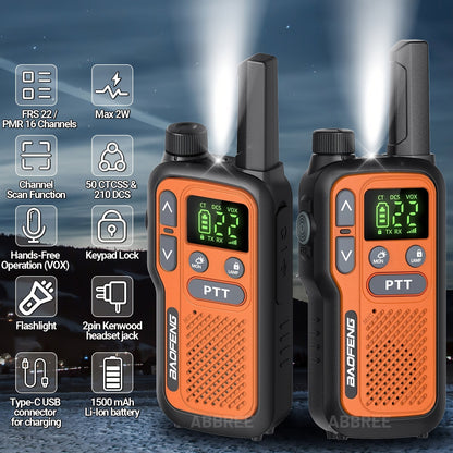 BAOFENG Walkie Talkies for Adults Long Range – 22 FRS Channels, VOX Hands-Free, USB-C Rechargeable Li-ion Battery, LCD Display, Built-in Flashlight, 2-3 Mile Range for Hiking, Camping & Family Outdoor Use