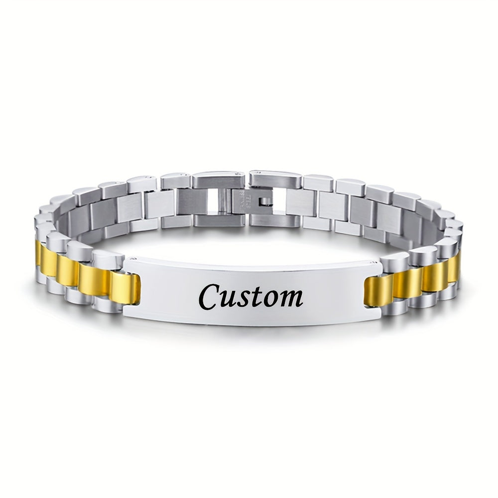 Men's Personalized Stainless Steel Bracelet – Custom Letter Engraving Punk Style, 304L Hypoallergenic Rust-Resistant Wrist Jewelry in Steel Gold Black, Birthday Father's Day Gift for Him Boyfriend Dad