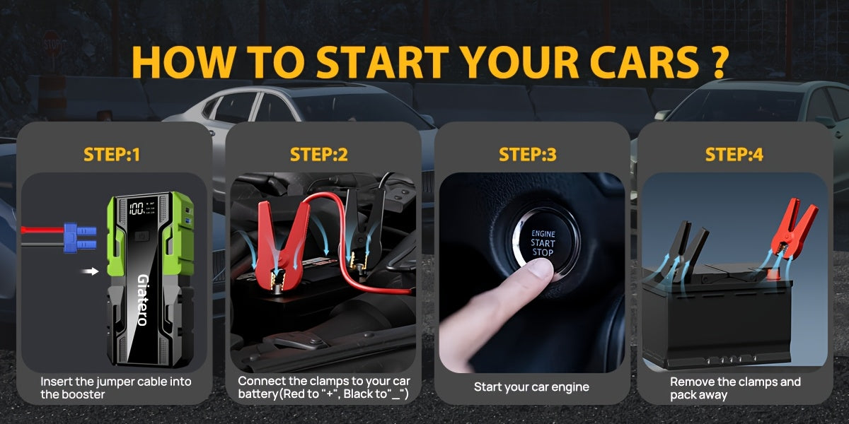 12V Portable Car Jump Starter with Built-In Air Compressor Tire Inflator – Emergency Battery Booster for Gas (3.7 Gal) & Diesel (3.17 Gal) Engines, Trucks & Cars Emergency Starter Power Supply
