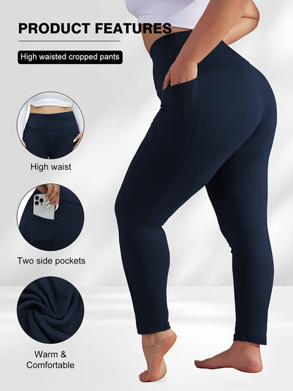 Women's Plus Size Yoga Pants with Pockets – High-Waist Fleece-Lined Warm Leggings for Fall & Winter, Tight-Fitting Elastic Sports Base Layer Pants, Sizes 1XL-5XL in Black, Gray, Burgundy & Navy