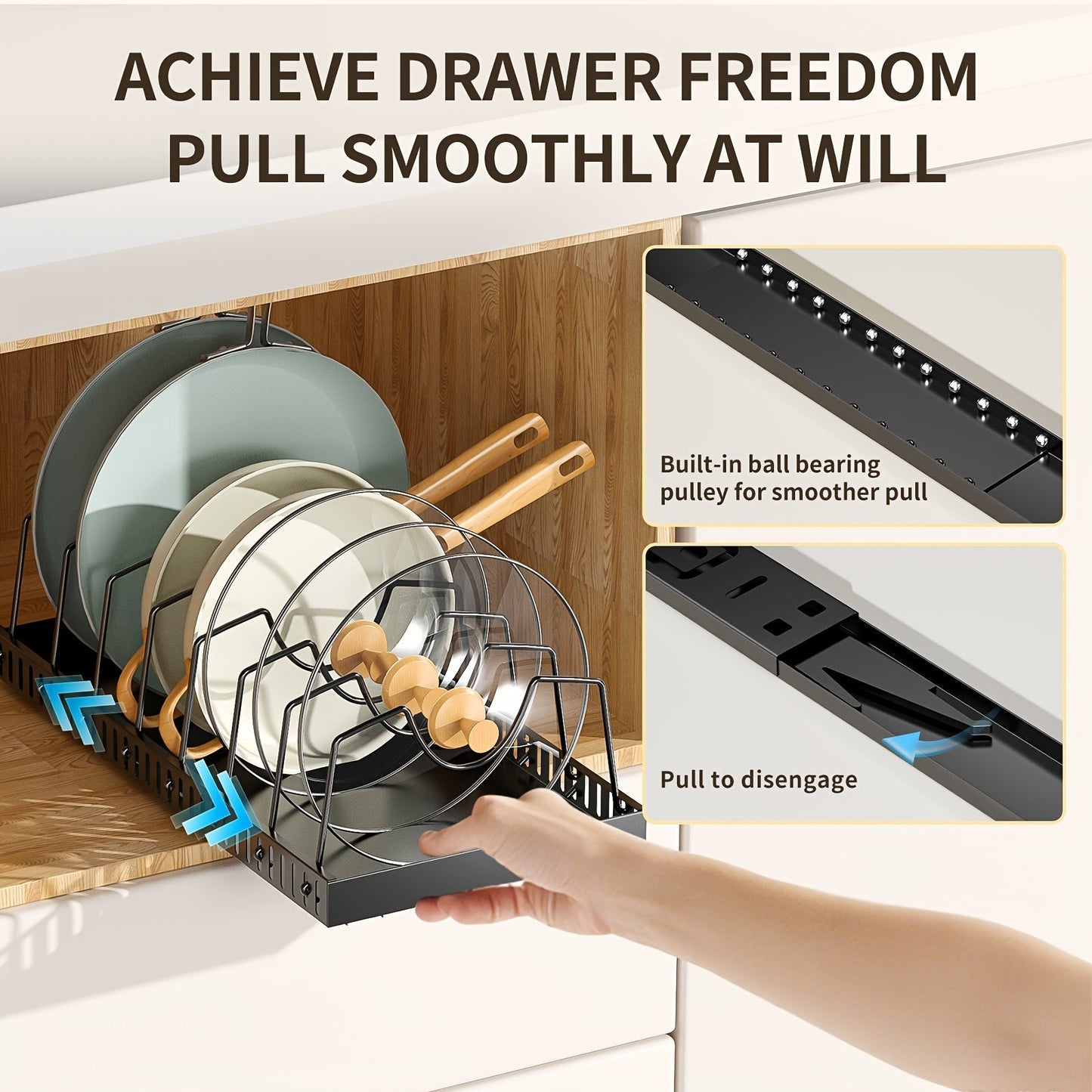 Pull-Out Pot & Pan Cabinet Organizer with Sliding Lid Rack – 8/16 Adjustable Dividers, Drill-Free Install, Kitchen Sliding Storage Box for Lids, Baking Tools & Plates – 1pc or 2pcs, Black & White